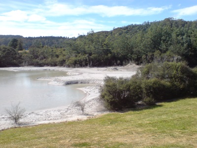 Golf course in Rotorua, New Zealand. The water hazard is a geothermal mudpool
